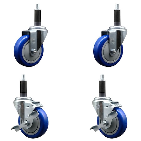 Service Caster 4'' Blue Poly Wheel Swivel 1'' Expanding Stem Caster Set 2 Brakes, 4PK SCC-EX20S414-PPUB-BLUE-2-TLB-2-1